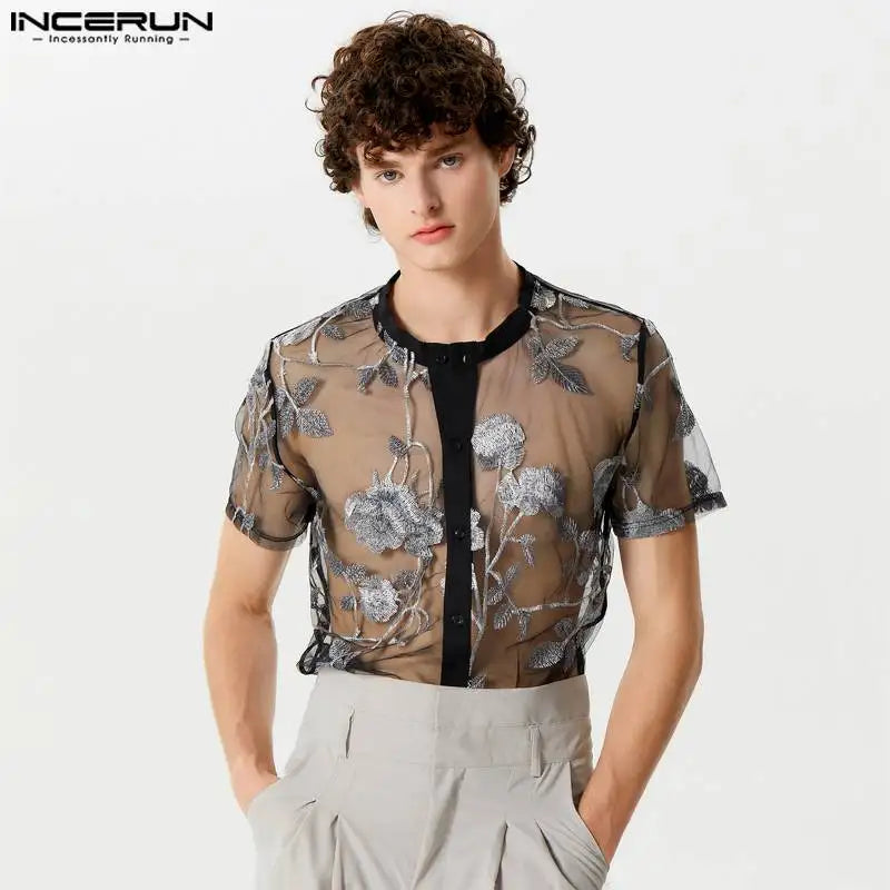 INCERUN Tops 2024 Amerikanischer Stil Stilvolle Neue Herren Rose Jacquard Durchsichtige Hemden Sexy Heißer Verkauf Dünne Kurzarm Bluse S-5XL