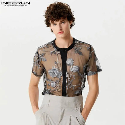 INCERUN Tops 2024 Style américain élégant nouveaux hommes Rose Jacquard chemises transparentes Sexy vente chaude mince chemisier à manches courtes S-5XL