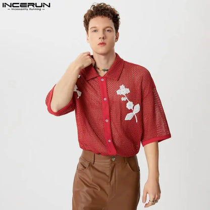 Fashion Well Fitting Tops INCERUN Handsome Men Hollow Mesh Decal Shirts Casual Streetwear Personality Short Sleeved Blouse S-5XL