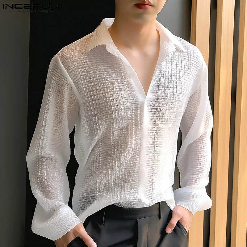 INCERUN Tops 2024 Korean Style Men's V-neck Texture Lapel Collar Shirts Fashionable Casual Male Solid Long Sleeved Blouse S-5XL