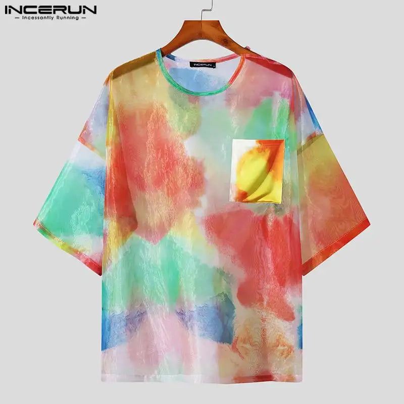 INCERUN Tops 2023 American Style New Men Colorful Tie Dyed See-through Mesh T-shirts Casual Party 3/4 Sleeve Thin Camiseta S-5XL