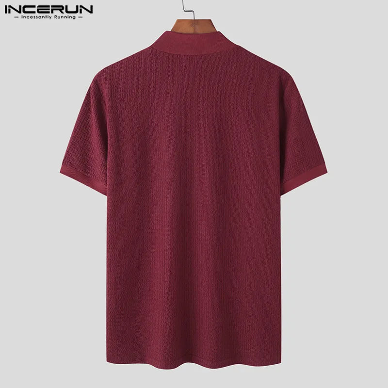 Casual Simple Style Tops INCERUN Men Knitting Pit Strip Camiseta Stylish Solid Half High Collar Short Sleeve T-shirts S-5XL 2023