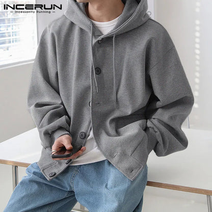 INCERUN Tops 2023 Koreanische Stil Herren Solide Lose Sitzende Mit Kapuze Taste Design Pullover Casual Alle-spiel Heißer Verkauf Sweatshirts S-5XL