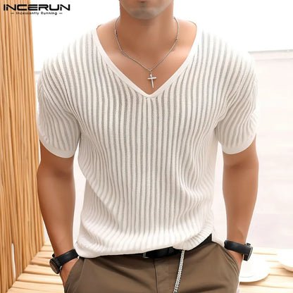 INCERUN Tops 2024 Koreanischen Stil Stilvolle Männer Leicht Durchsichtige V-ausschnitt Gestreiften T-shirts Männlichen Casual Kurzarm Camiseta S-5XL