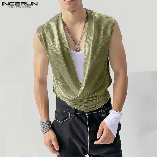 INCERUN Tops 2024 Korean Style New Men's Flash Pile Collar Design Tank Tops Casual Clubwear Male Hot Sale Sleeveless Vests S-5XL