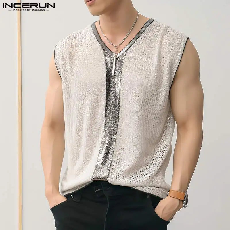 INCERUN Tops 2024 Koreanische Stil Neue Mens Fashion V-ausschnitt Patchwork Design Westen Casual Streetwear Flash Ärmellose Tank Tops S-3XL