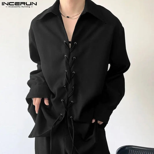 2023 Men Shirt Solid Color Lapel Long Sleeve Lace Up Men Clothing Korean Streetwear Fashion Loose Casual Shirts S-5XL INCERUN