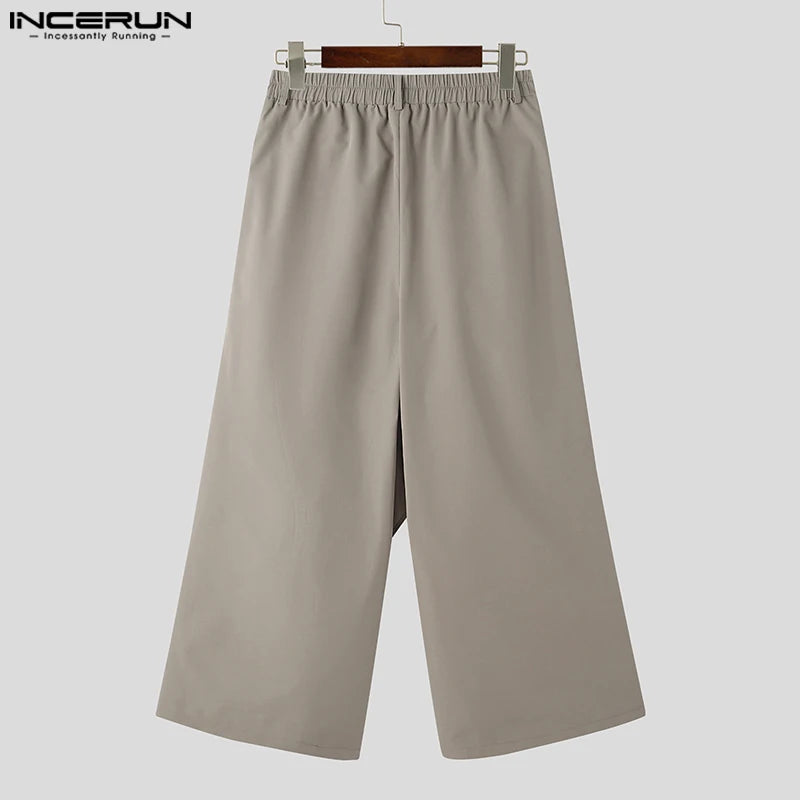 INCERUN 2023 Koreanische Stil Herrenhose Retro Unregelmäßiges Design Lange Hosen Casual Male Solide Alle-spiel Breite Bein Pantalons S-5XL