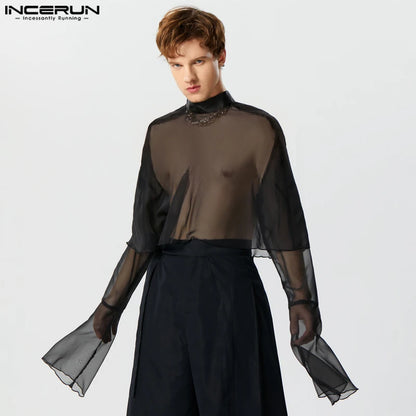 INCERUN Tops 2023 Style américain élégant hommes transparent ruban à volants chemisier loisirs fête spectacle mince chemises à manches longues S-5XL