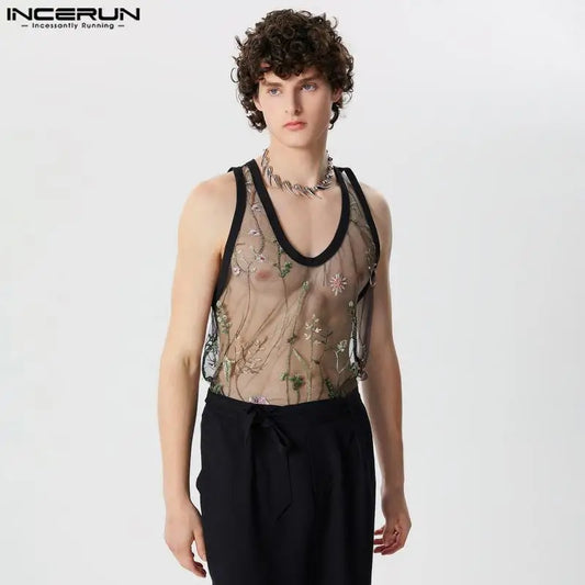 2024 Summer Mens Tank Tops Camisas INCERUN Sexy Mesh Floral Printed Sleeveless Vests Men Clothing Embroidery See-through Blouses