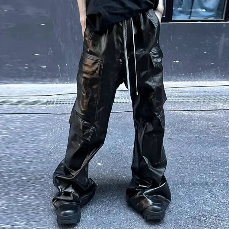 HOUZHOU RO Style Glänzend Schwarze Pu-Lederhose für Männer High Street Y2k Pantalones Hombre Baggy Overall Weites Bein Kordelzug Cargo