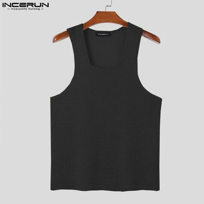 Fashion Casual Style Tops INCERUN New Men Texture Hollow Square Neck Vests Summer Male Solid All-match Sleeveless Tank Top S-5XL