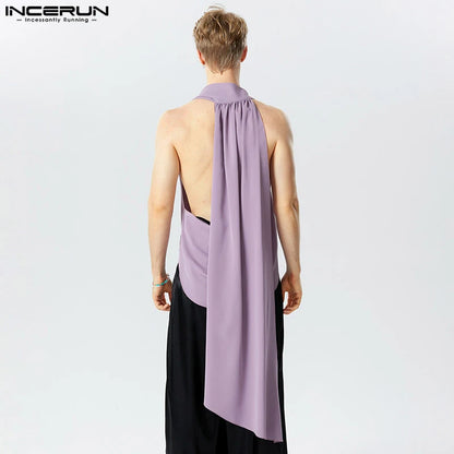 INCERUN Tops 2023 American Style Men's Loose Fitting Long-style Solid All-match Tank Tops Casual Party Swing Collar Vests S-5XL