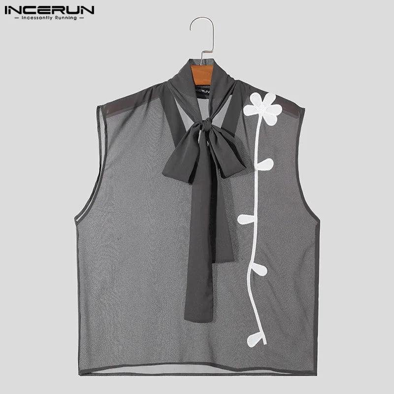 INCERUN Tops 2024 Style américain Beau Hommes Ruban Design Gilets Élégant Épissage Floral Transparent Sans Manches Débardeurs S-5XL