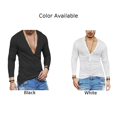 Herren T-Shirt Slim Fit Langarmshirt Einfarbig Tiefer V-Ausschnitt Knopfleiste Oberteile Muscle Tee Bluse Durchsichtige Hemden Lässige T-Shirts Tops