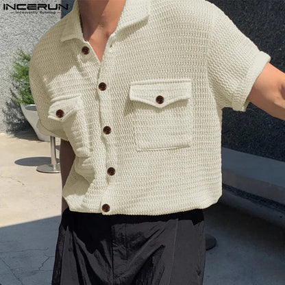 Stylish Streetwear Style Tops INCERUN Men's Mesh Hollow Double Pocket Design Shirts Casual Solid Short Sleeved Blouse S-5XL 2024