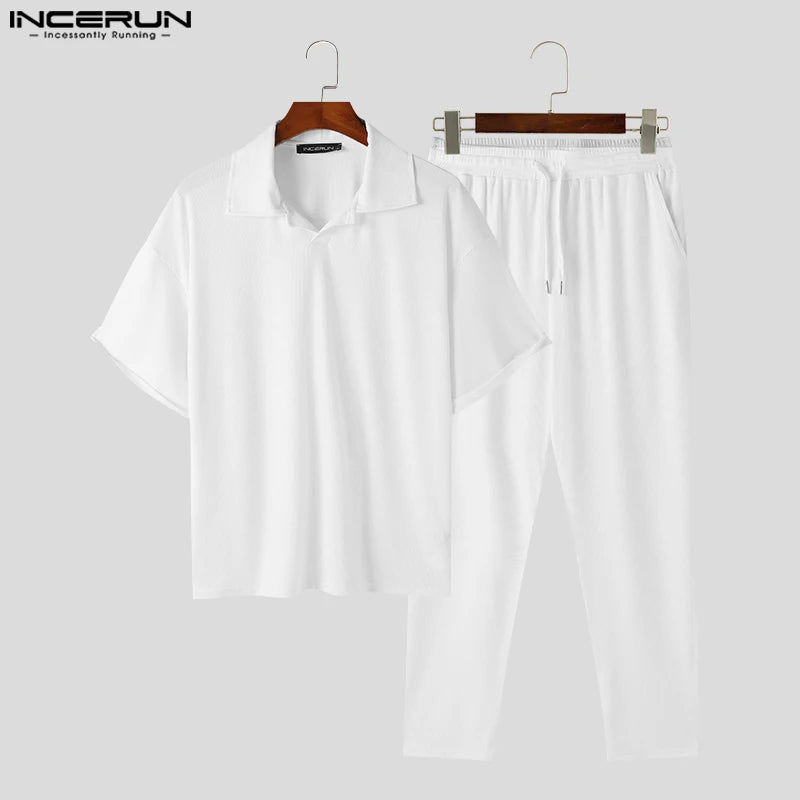 INCERUN 2024 American Style Sets New Men Short Sleeved Shirts Long Pants Male Knitted Casual Street Striped Two-piece Sets S-5XL