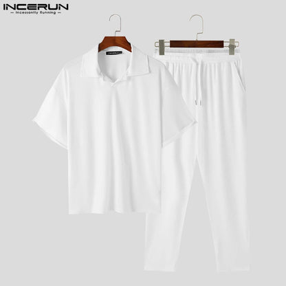 INCERUN 2024 American Style Sets New Men Short Sleeved Shirts Long Pants Male Knitted Casual Street Striped Two-piece Sets S-5XL