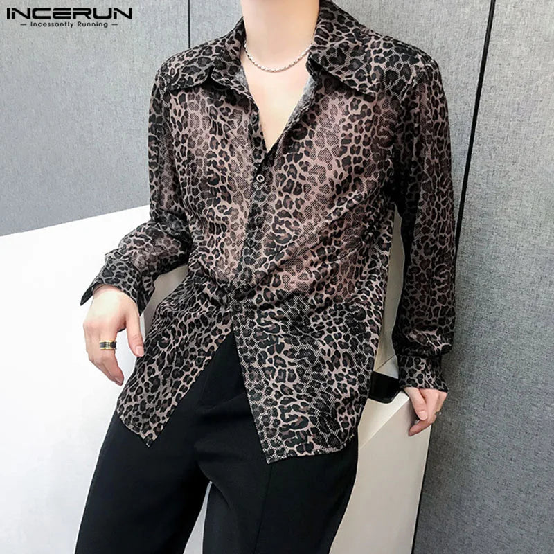 INCERUN Tops 2024 Korean Style Fashion New Men's Perspective Leopard Print Shirts Casual Clubwear Male Long Sleeved Blouse S-5XL