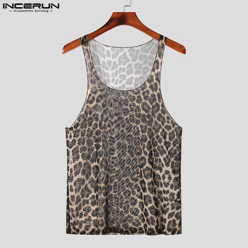 INCERUN Tops 2024 American Style Sexy Men's Slightly Transparent Leopard Printed Vests Casual Personality U-neck Tank Tops S-5XL