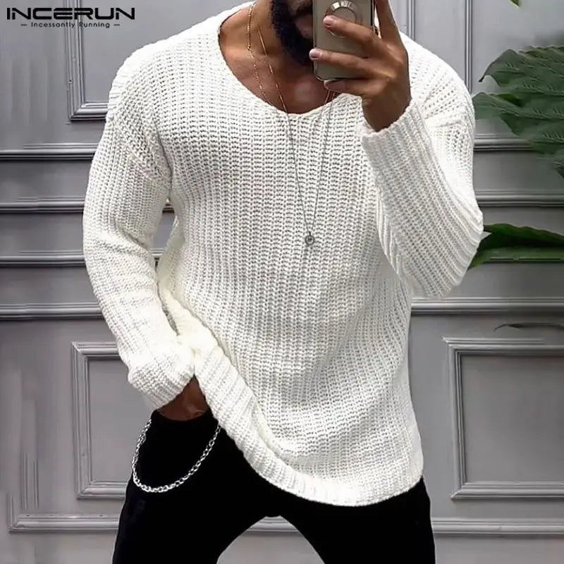 Casual Stylish Style Tops INCERUN 2024 Men's Knitted Texture T-shirts Male Solid Simple Comfortable Long Sleeved Camiseta S-5XL