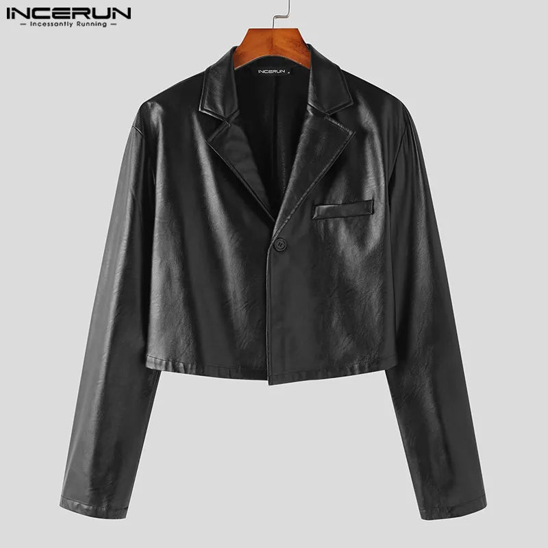 INCERUN Tops 2023 Korean Style Handsome Mens Short Leather Jackets Suit Casual Streetweat Male Long-sleeved Jackets Blazer S-5XL