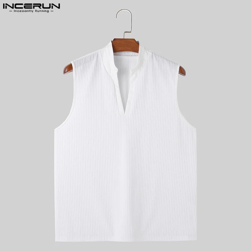 INCERUN Tops 2024 Korean Style Men Solid Knitted Texture Design Vests Casual Simple Male Stand Collar Sleeveless Tank Tops S-5XL