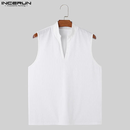 INCERUN Tops 2024 Koreanische Stil Männer Solide Strick Textur Design Westen Casual Einfache Männliche Stehkragen Ärmellose Tank Tops S-5XL