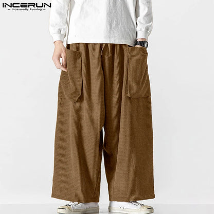 INCERUN 2024 Korean Style Pantalons New Men's Corduroy Pocket Design Pants Casual Well Fitting Solid Straight Leg Trousers S-5XL