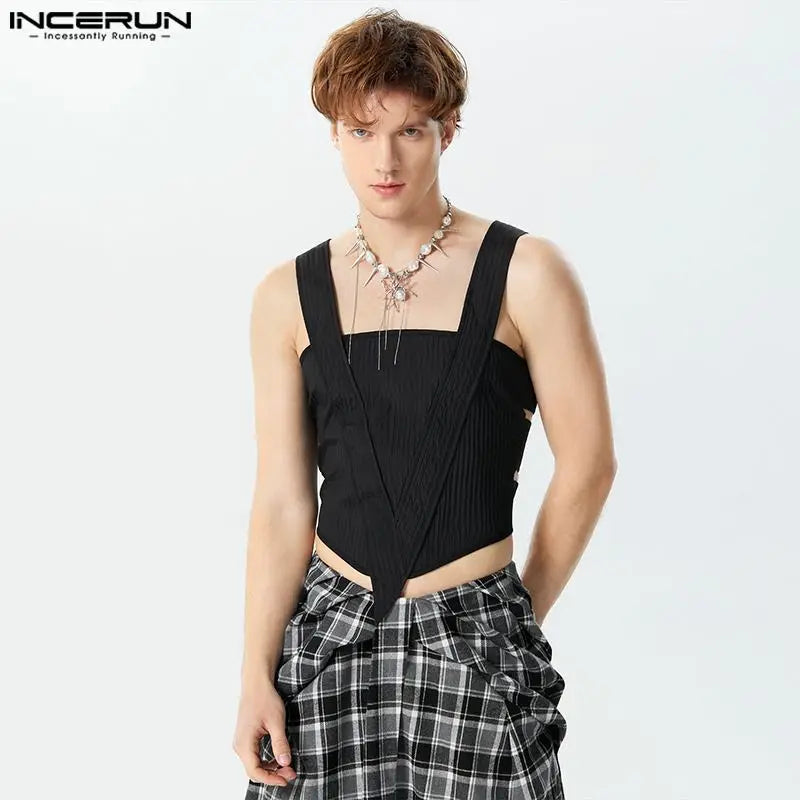 Fashion Casual Style Tops INCERUN New Men's Patchwork Hollow Vests Male Sexy Cropped Personality Sleeveless Tank Tops S-5XL 2024