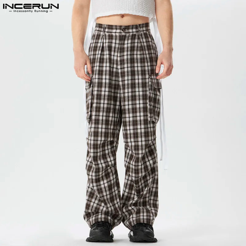 INCERUN 2024 Pantalon de style américain pour hommes, design de poche à carreaux, pantalon cargo long décontracté bien ajusté, vente chaude Pantalons S-5XL