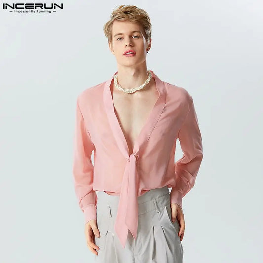 Sexy Fashionable Style Tops INCERUN Handsome Men's Knot Neck See-through Mesh Shirts Casual Party Solid Long Sleeve Blouse S-5XL