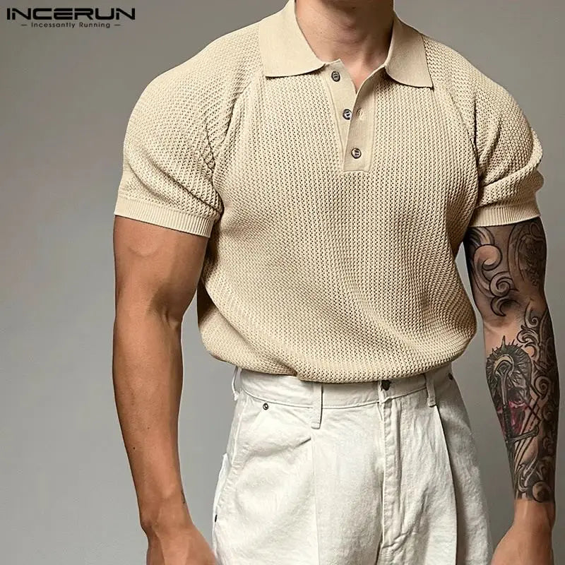 INCERUN Tops 2024 Style coréen Mode Hommes Manches Raglan Texture Maille T-shirts Été Homme Manches Courtes Revers Camiseta S-5XL