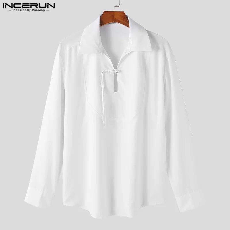 Fashion Well Fitting Tops INCERUN Mens Personality Solid V-neck Buckle Design Shirts Casual Streetwear Long Sleeved Blouse S-5XL