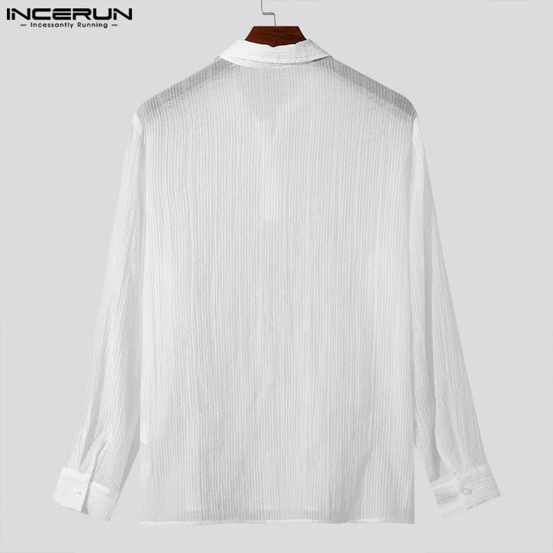 INCERUN Tops 2024 Korean Style Men's V-neck Texture Lapel Collar Shirts Fashionable Casual Male Solid Long Sleeved Blouse S-5XL