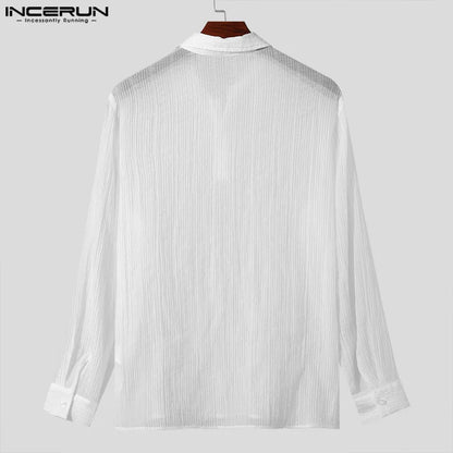 INCERUN Tops 2024 Korean Style Men's V-neck Texture Lapel Collar Shirts Fashionable Casual Male Solid Long Sleeved Blouse S-5XL