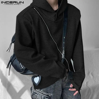 INCERUN Tops 2023 Korean Style Mens Irregular Diagonal Zipper Design Hoodie Leisure Male Solid Hooded Long Sleeved Sweater S-5XL