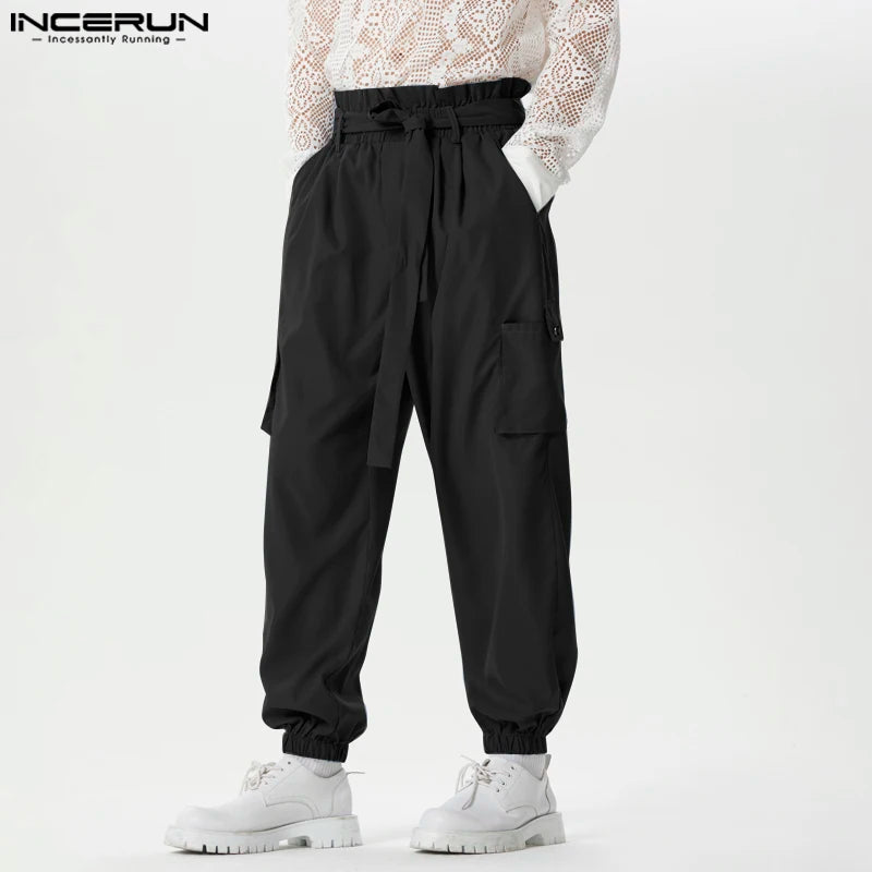 INCERUN 2024 American Style New Men Long Pants Strap Pocket Design Trousers Male Solid Simple Leisure Streetwear Pantalons S-5XL