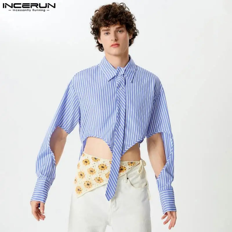 Sexy Casual Style Tops INCERUN Handsome Men Cropped Hollow Design Shirts Fashion Irregular Hem Striped Long Sleeved Blouse S-5XL