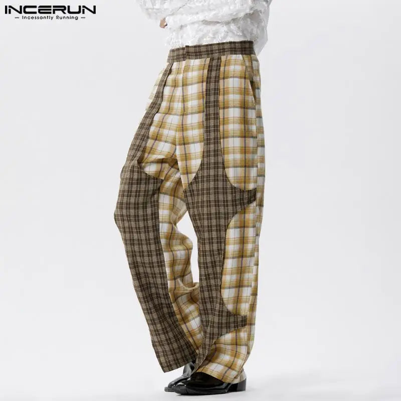 INCERUN 2024 American Style Trousers New Men Plaid Patchwork Long Pants Fashion Elegant Male Hot Sale Streetwear Pantalons S-5XL