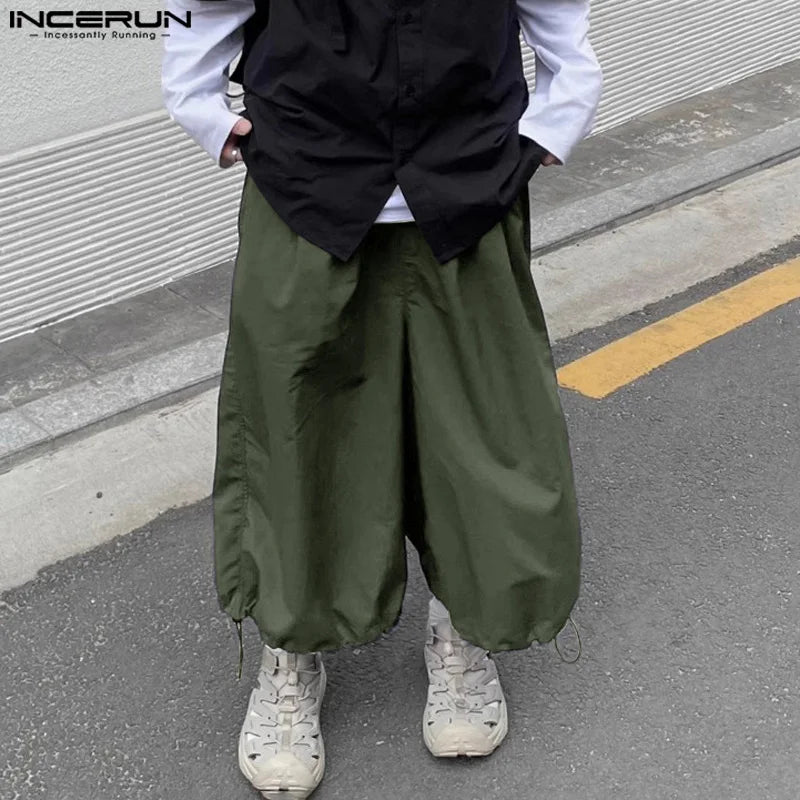 INCERUN 2024 Korean Style Trousers New Men Personality Wide Leg Pants Casual Well Fitting Ankle tied Drawstring Pantalons S-5XL