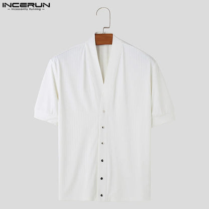 INCERUN Tops 2024 Korean Style New Mens Simple Striped V-neck Short Sleeved T-shirts Casual Streetwear Male Solid Camiseta S-5XL