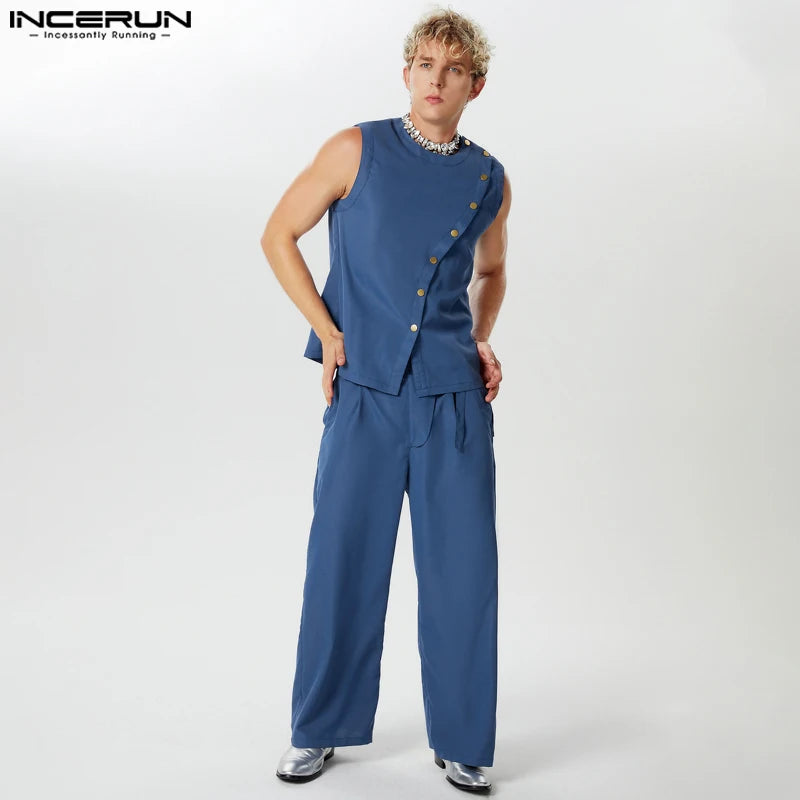 INCERUN 2024 American Style Stylish Sets Handsome Men Diagonal Front Design Tank Tops High Waist Pant Casual Suit 2 Pieces S-5XL