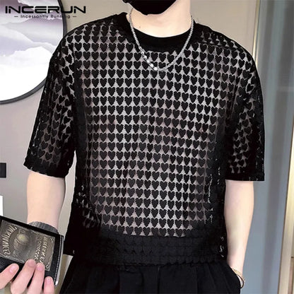 2023 Men T Shirt Mesh Transparent Solid O-neck Short Sleeve Men Clothing Loose Party Streetwear Fashion Tee Tops INCERUN S-5XL