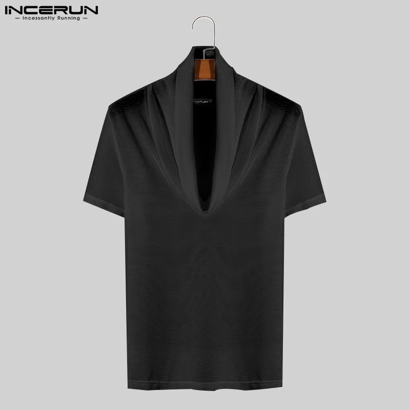 INCERUN Tops 2024 Koreanischen Stil Mode Für Männer Pile Neck Hohl Perspektive T-shirts Casual Sexy Dünne Kurzarm Camiseta S-5XL