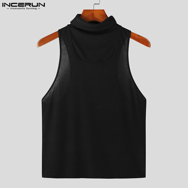 INCERUN Tops 2024 Handsome New Men's Knitted Pit Stripe Design Vests Casual Street Solid High Neck Tight Fitting Tank Tops S-5XL