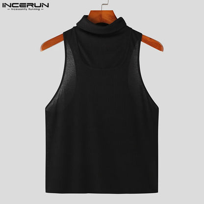 INCERUN Tops 2024 Handsome New Men's Knitted Pit Stripe Design Vests Casual Street Solid High Neck Tight Fitting Tank Tops S-5XL