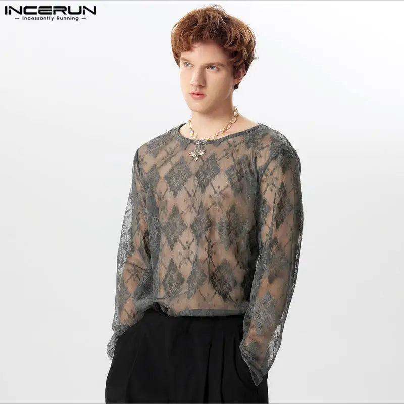 INCERUN Tops 2024 American Style Fashion Mens Diamond Lace Hollow Slightly Transparent T-shirts Sexy Long Sleeved Camiseta S-5XL