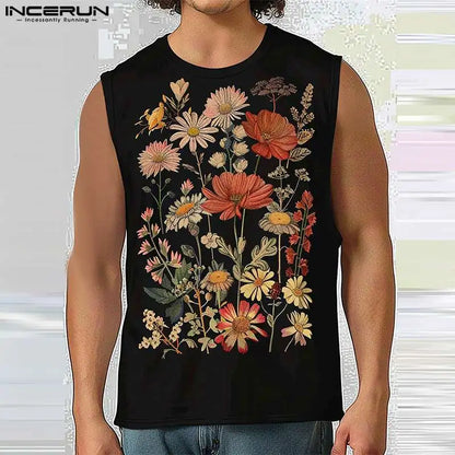 Fashion Casual Style Tops INCERUN New Men Floral Print O-neck Design Vests Male Streetwear Loose Sleeveless Tank Tops S-5XL 2024