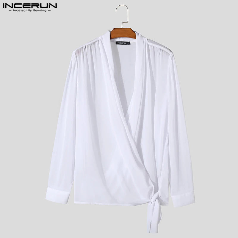 INCERUN Tops 2024 Hommes Printemps Été Nouer En Mousseline De Soie Légèrement Transparent Chemises Décontractées Streetwear Mince Chemisier À Manches Longues S-5XL